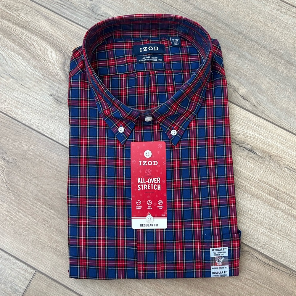 NWT Izod Men's Red and Navy Plaid Button Down Shirt - Size XXL 18-18.5 34/35 - Picture 2 of 12